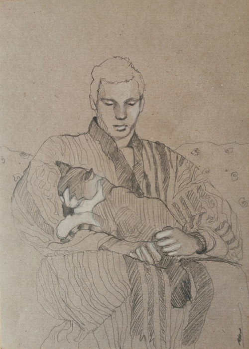 jeune homme au chat - dessin - 21x30